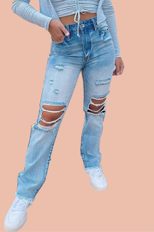 High Waist Frayed Hem Ripped Jeans