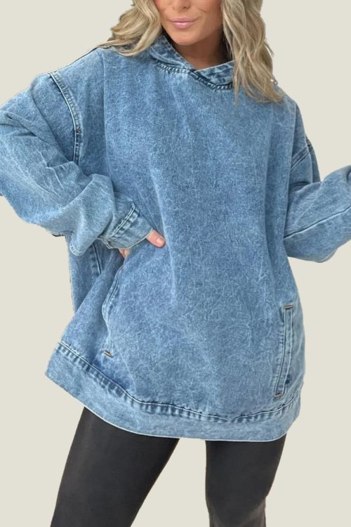 Denim Hooded Sweatshirt with Front Pockets