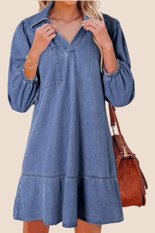 Women's V-Neck Puff Sleeve Denim Layered Dress