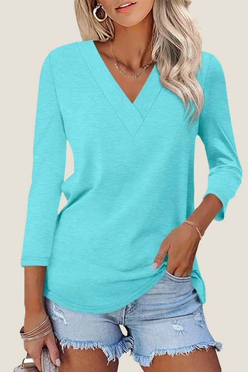 Women's 3/4 Length Sleeves V Neck Basic Tops