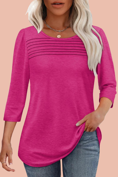 Women's 3/4 Length Sleeve Top Pleated Front T-Shirt
