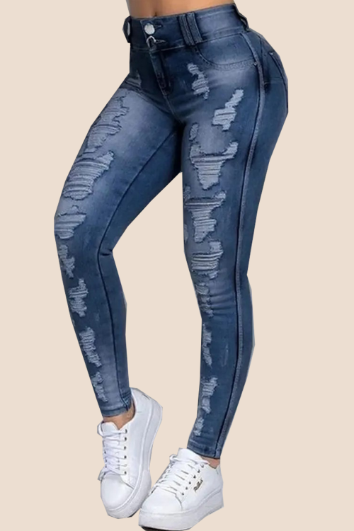 Double-button Ripped Skinny Stretch Jeans