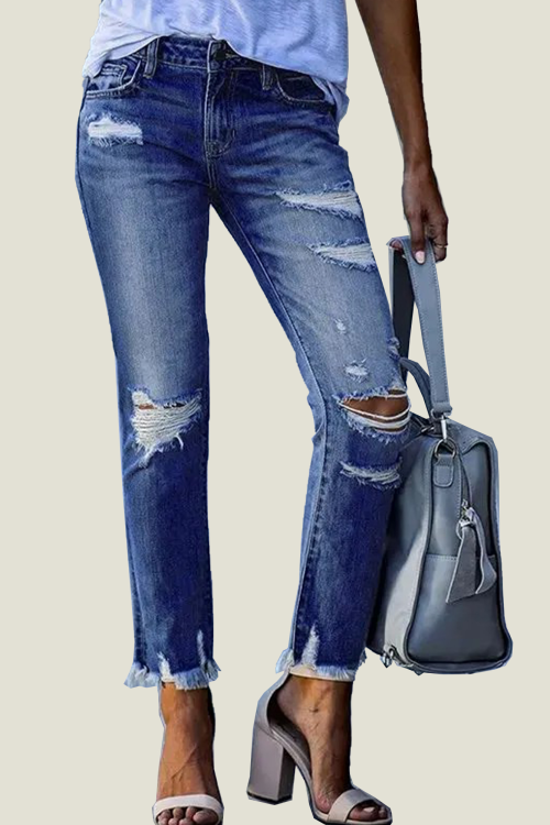 Washed Frayed Fringed Jeans