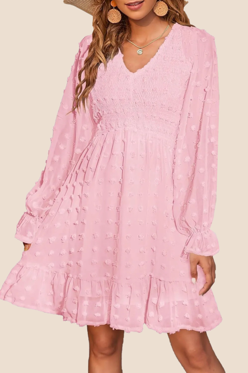 Women's Spring V Neck Swiss Dot Chiffon Mini Dress