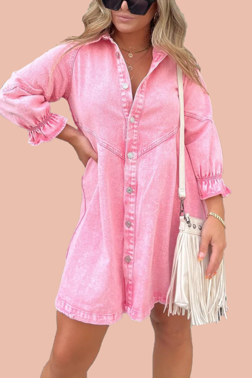 Button Denim Bubble Sleeve Dress