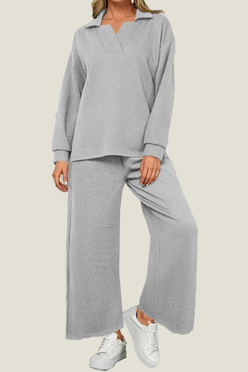 Women's Lapel V Neck Textured Lounge Sets
