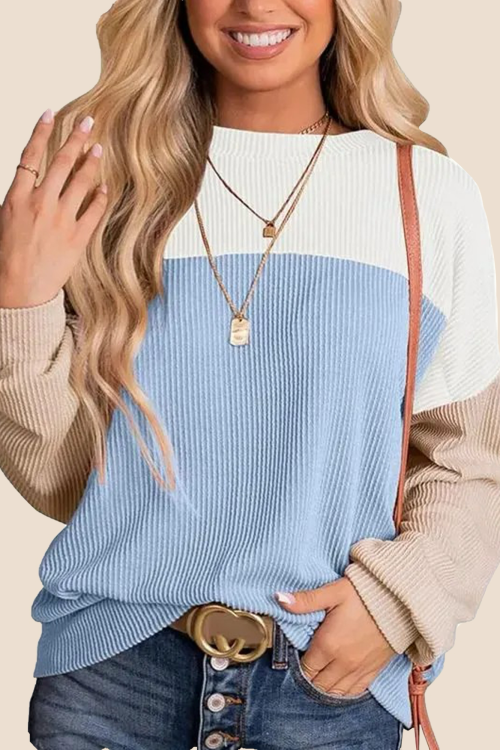 Women's Crewneck Color Block Ribbed Tops