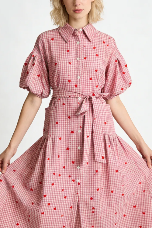 Valentine's Day Pink Heart-Print Shirt Dress